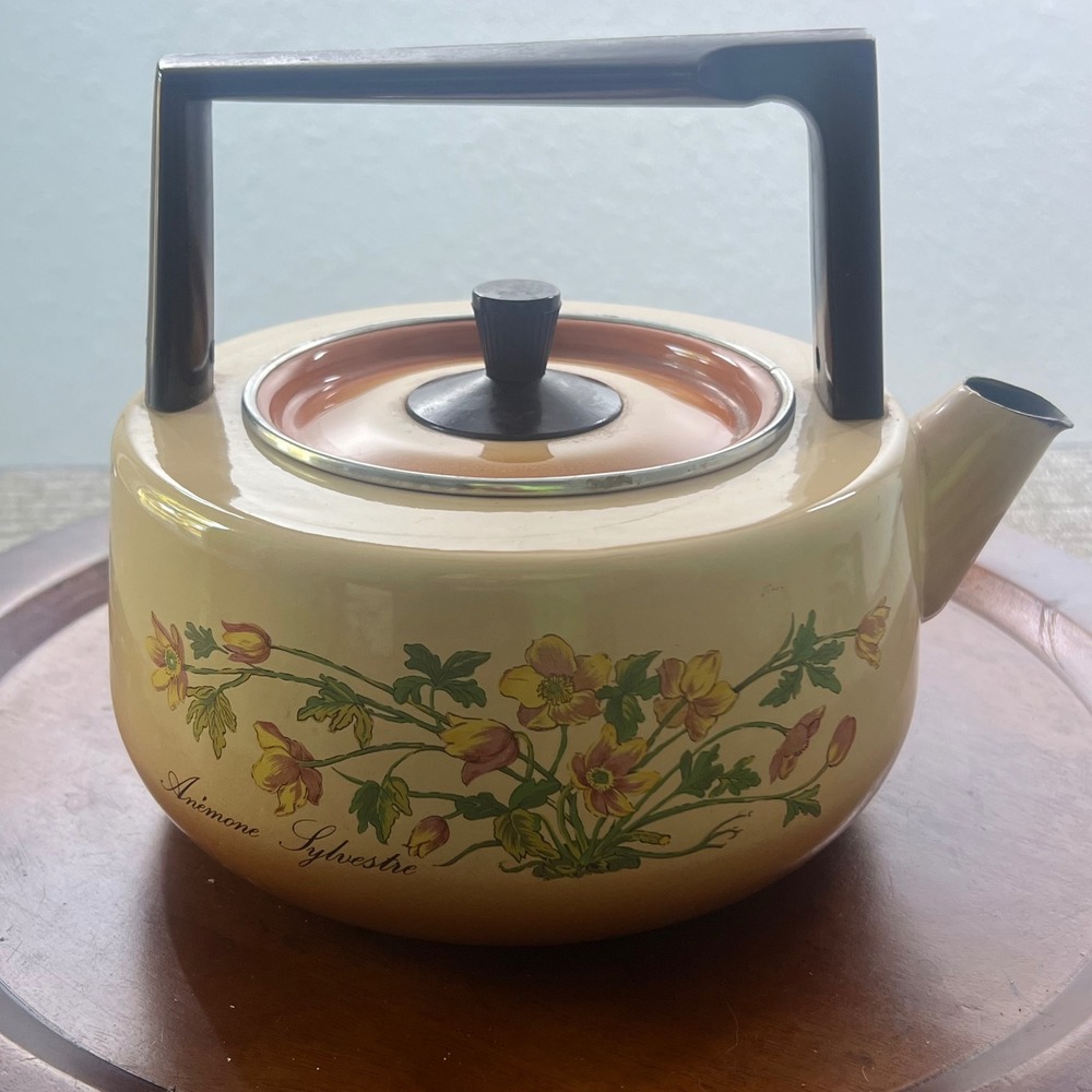 Vintage Enamel Tea Kettle Botanical Retro Anemone Sylvestre Floral Cottagecore